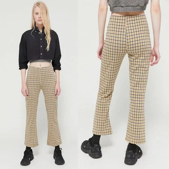 UO Cara Pants Women XS Yellow Black Plaid Kick Flare Knit Crop Stretchy Comfy - Picture 2 of 16